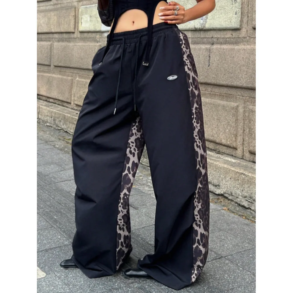 2026 European American Trendy High Waist Wide Leg Pants Jazz Dance Style Leopard Print Patchwork Casual Trousers