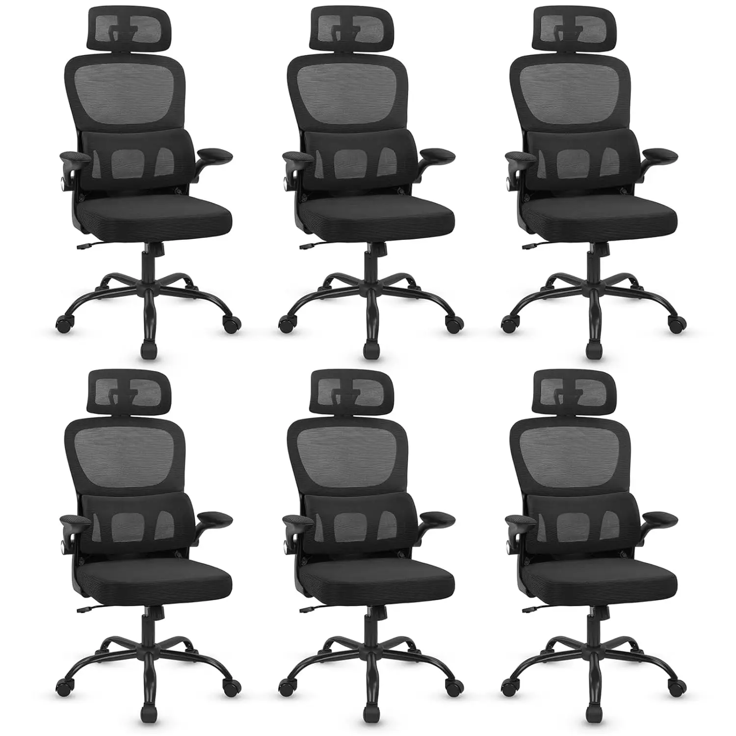 

Ergonomic Mesh Office Chair Flip-Up Arms Lumbar Support Adjustable Headrest Swivel Rolling Home Conference 6-Pack, Customized