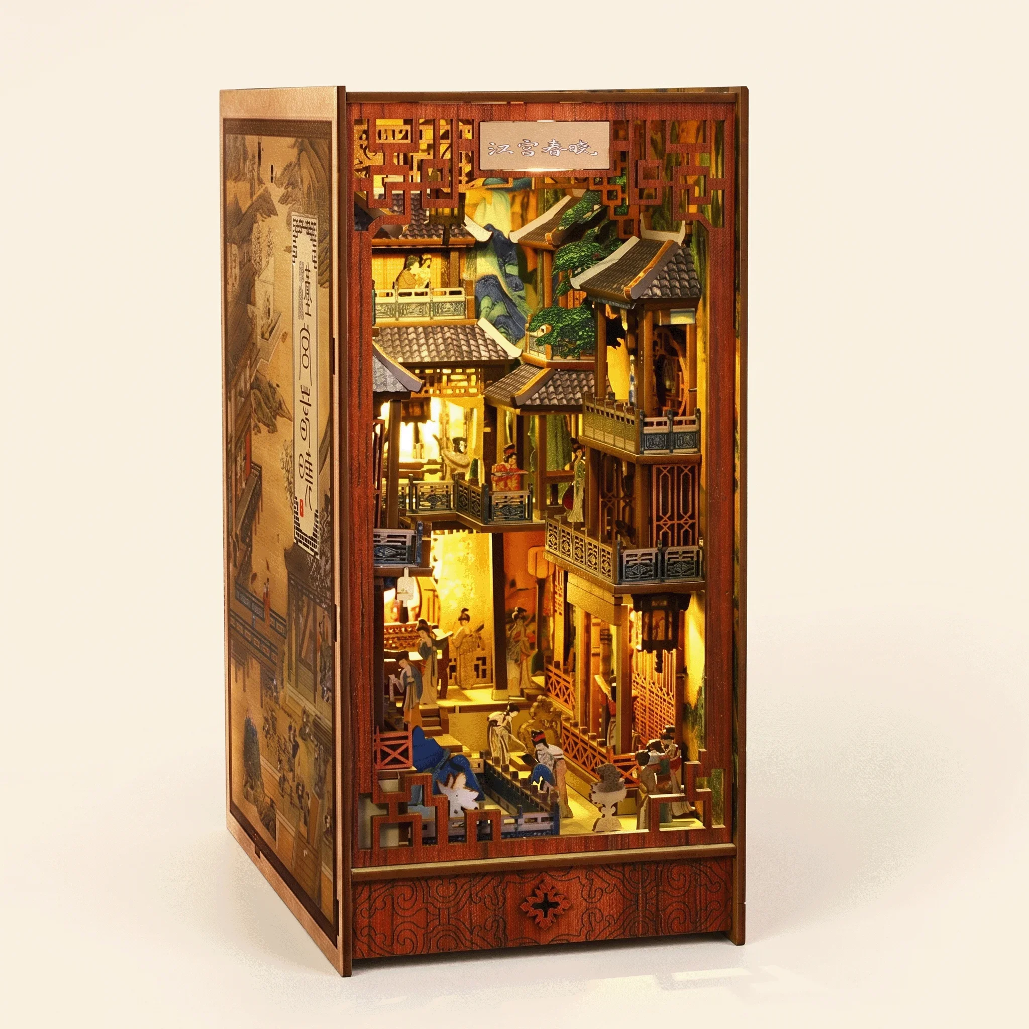 DIY Wooden Book Nook Kit 3D Miniature Han Palace Diorama Bookend with Motion Sensor LED Light Bookshelf Decor Gift