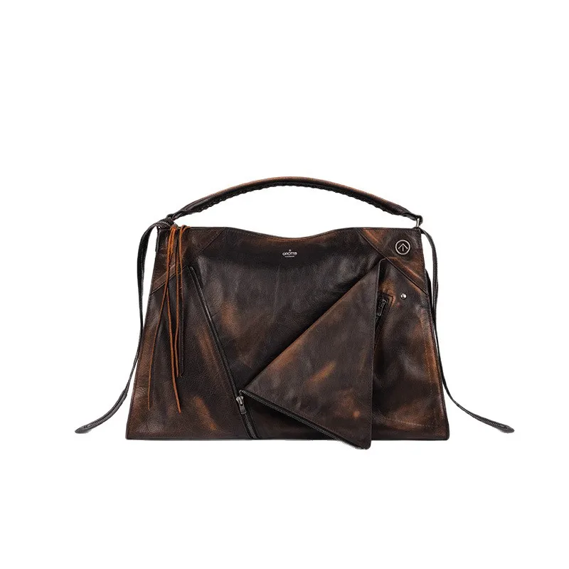 GROTTO 2025 Lapel Bag Smoked Wood Brown Retro Leather-Textured Large-Capacity Commuter Tote/Shoulder/Crossbody Bag