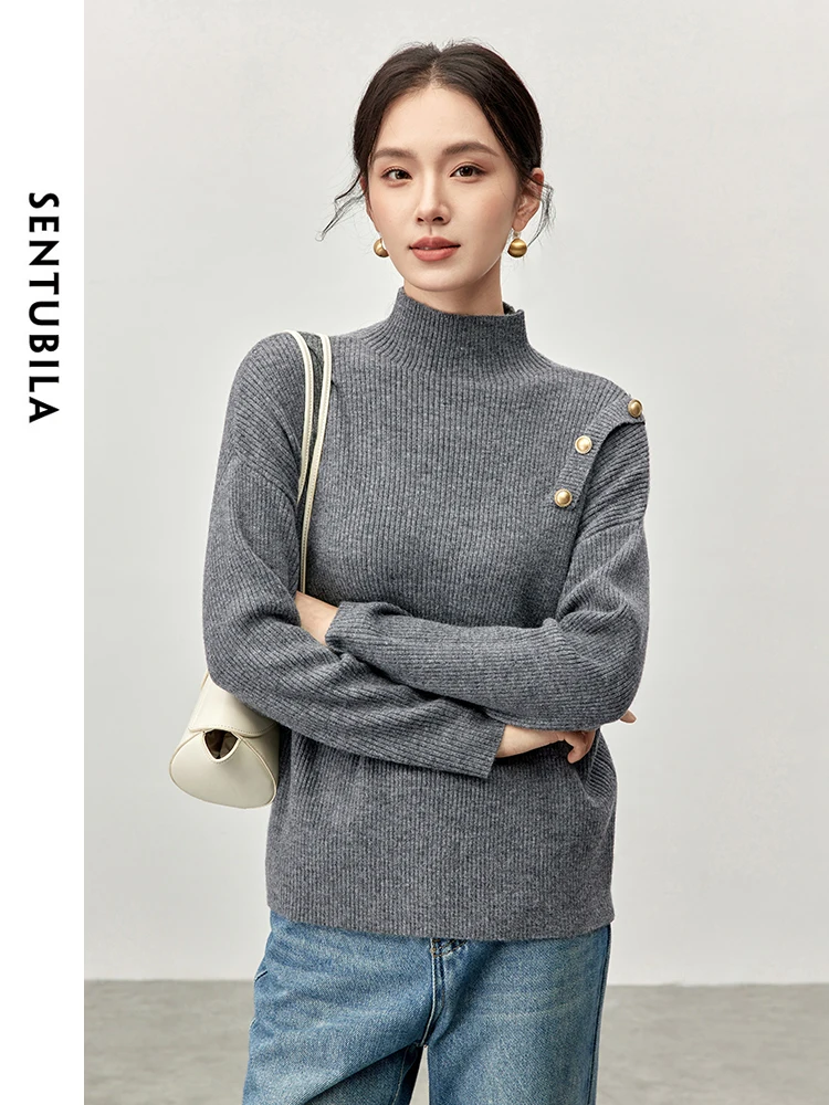 

SENTUBILA Loose Fit Knitted Pullovers for Women 2024 Fall Winter Half High Collar Metal Button Solid Simple Women Top W44E57414