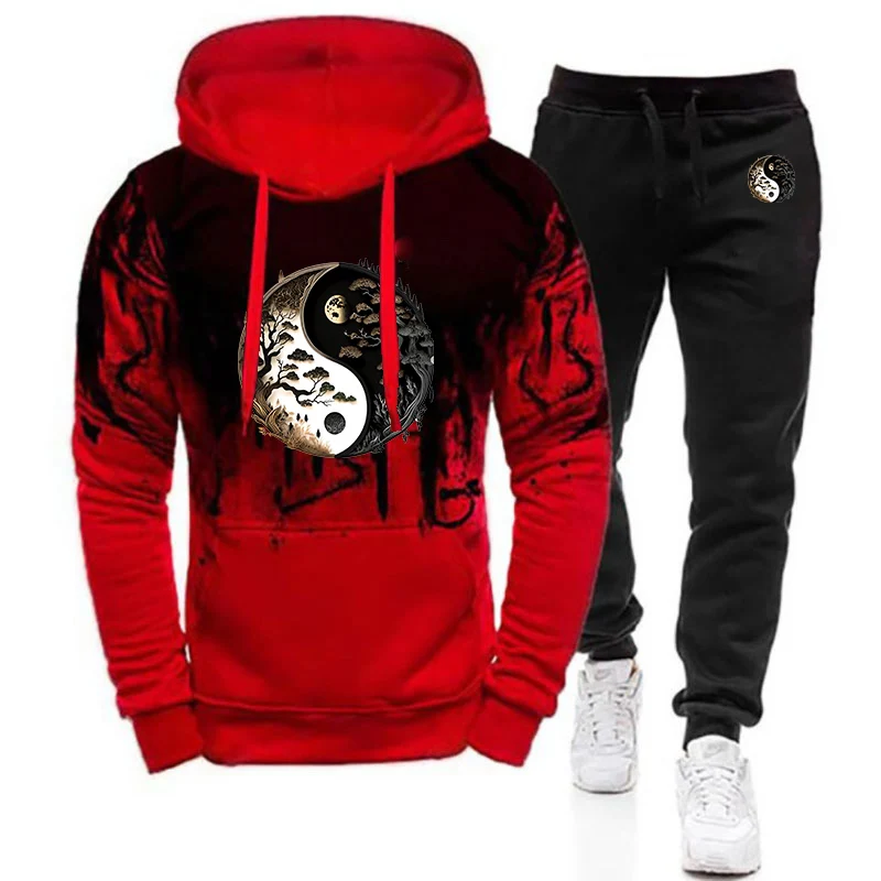 Tai Chi and Eight Trigrams Scenery Print Men's New 2025 Spring And Autumn Gradient Color Hoodies Sweatpant Suits