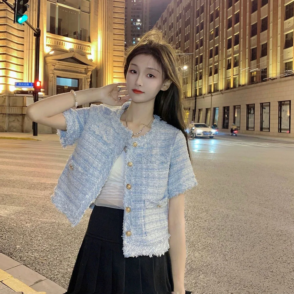 Summer Elegant Crew Short Sleeve Tweed Blouses Women Plaid Office Lady Fashion Korean Slim Crop Tops Casual Female Simple Shirt