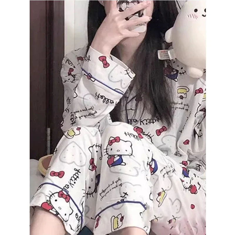 Hello Kitty Anime Kawaii Sanrio Ins Y2k Cotton Long Sleeve Pajamas Spring Cute KT Cat Print Home Shirt Pants Suit Gifts Toys