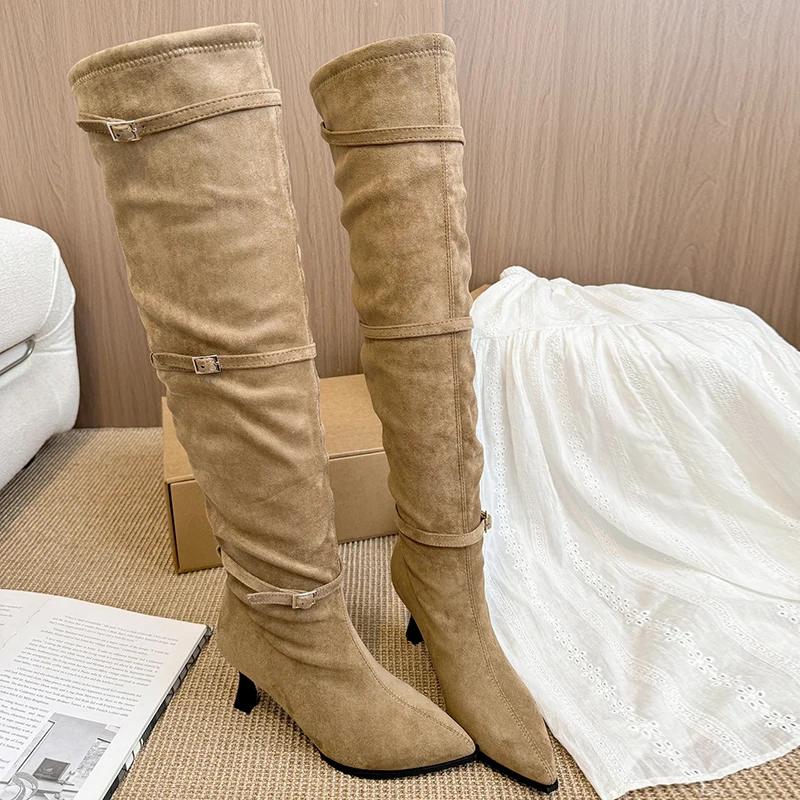 

High Heels Women's High Boots Pointed Toe Suede Fashion Shoes 2025 New Luxury Winter Boots Designer Sexy Pumps Mujer De Botas