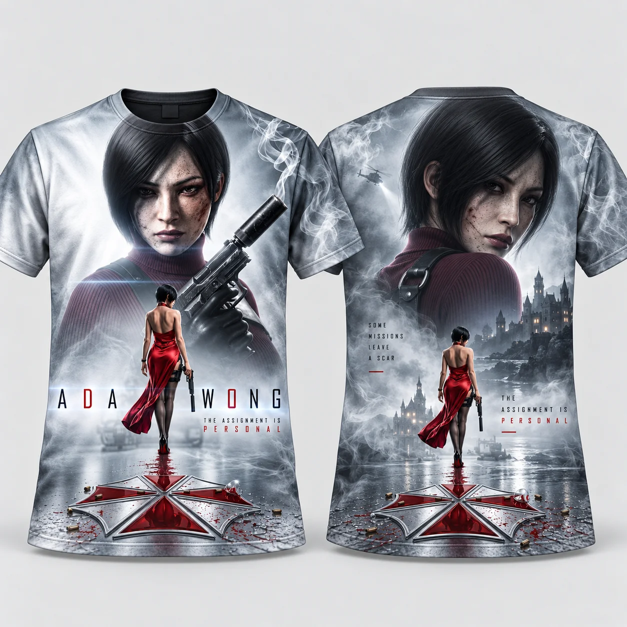 Y2K Ada Wong Full Print T‑Shirt Vintage Poster Aesthetic Loose Fit Streetwear Casual Short Sleeve Tops for Men Women Kids Unisex