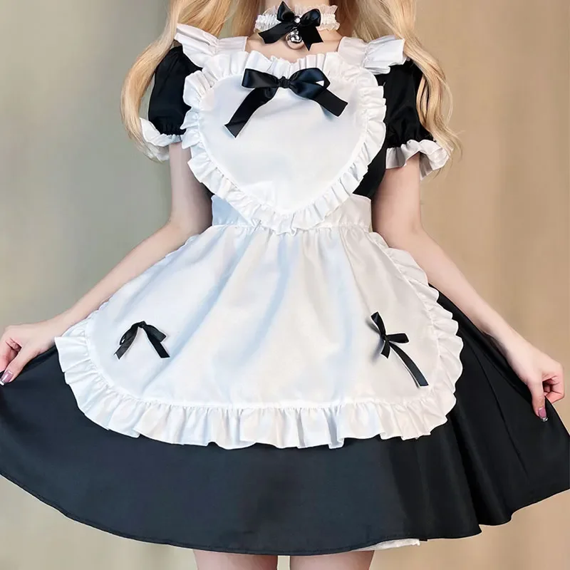 Tenue de femme de chambre noire Lolita japonaise Sweet Kawaii, jupe de serveuse, robe tablier pour femme, uniforme de cosplay d'Halloween, écolière, princesse