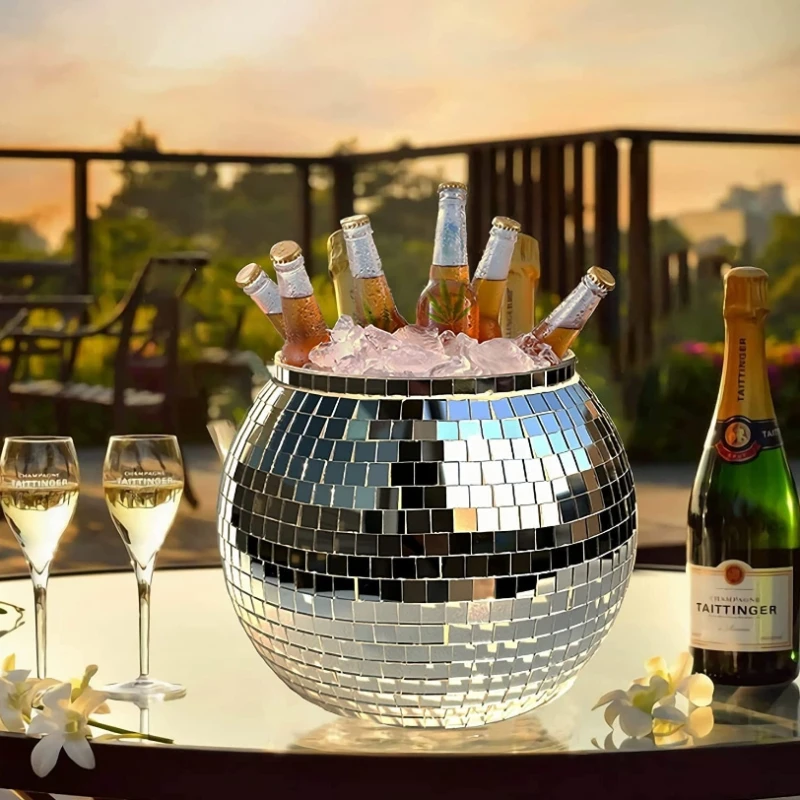 Disco Ball Mirror Ice Bucket, Large Silver Retro Drink Cooler for Champagne & Beer, Sparkling Party Bar Cart Decor & Supply
