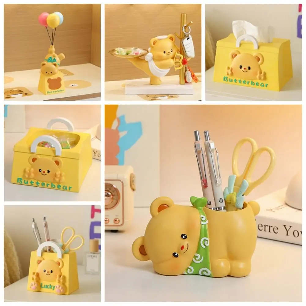 Resin Butter Bear Statue with Tray Desk Decor Cute Figurine Key Storage Ornaments Sculpture Cartoon Butter Bear Pen Holder