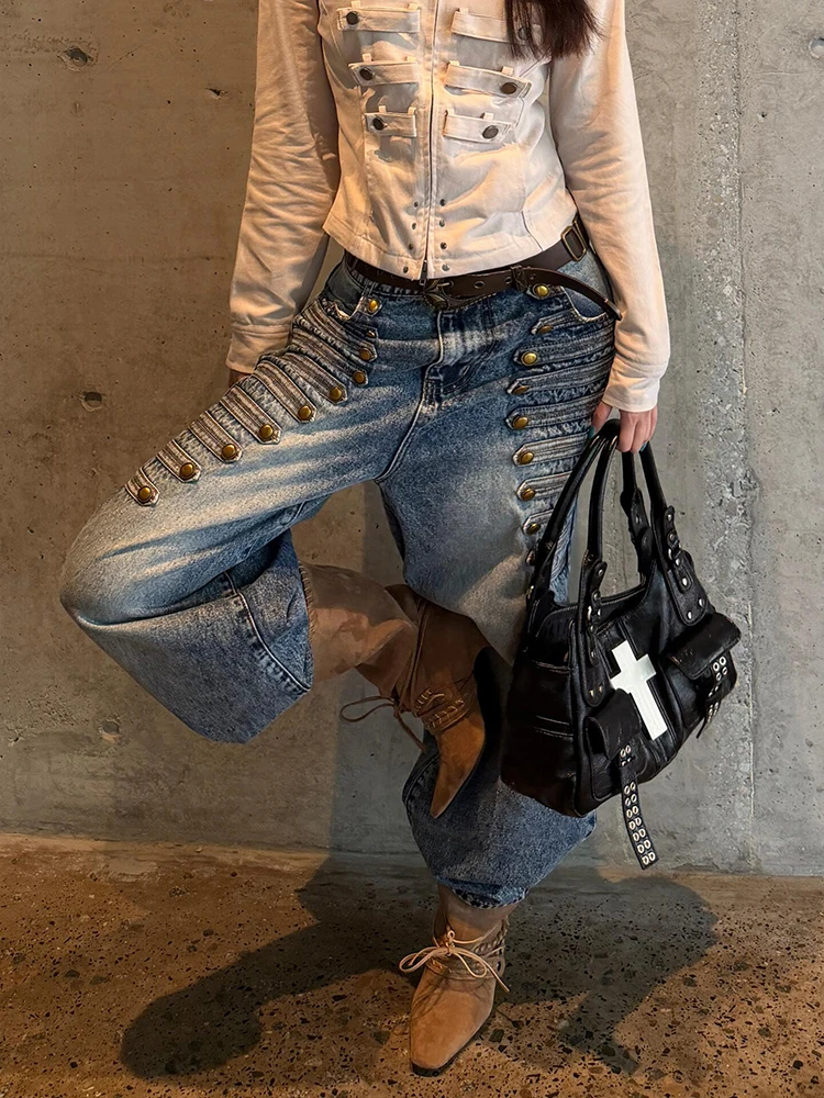 Retro American Spicy Girl Heavy Duty Rivet Design Jeans Wide Leg Loose Long Pants Women's Vintage Style High Waist Denim Trou...