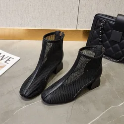 KNCOKAR  fashion summer new short boots square head hollow thin mesh boots boots thick with high heel sandals z0044
