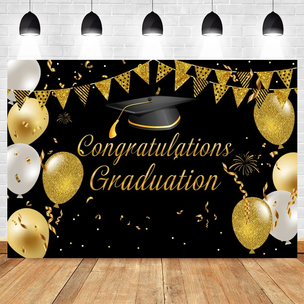 Congratulation Graduate Backdrop Black Gold Bachelor Cap Glitter Spots Congrate Grad Party Photography Background Sudio Props