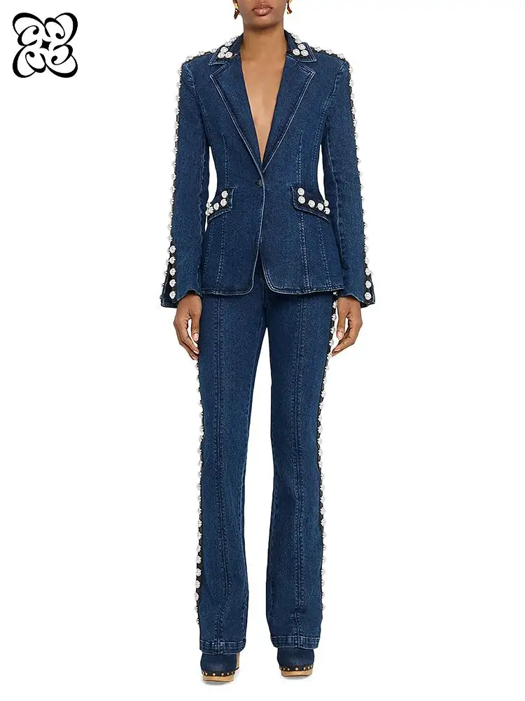 2026 Denim Pearl-Embellished Pantsuit Tailored Blazer & Flared Trousers Formal Evening Suit Elegant Women's Matching Sets