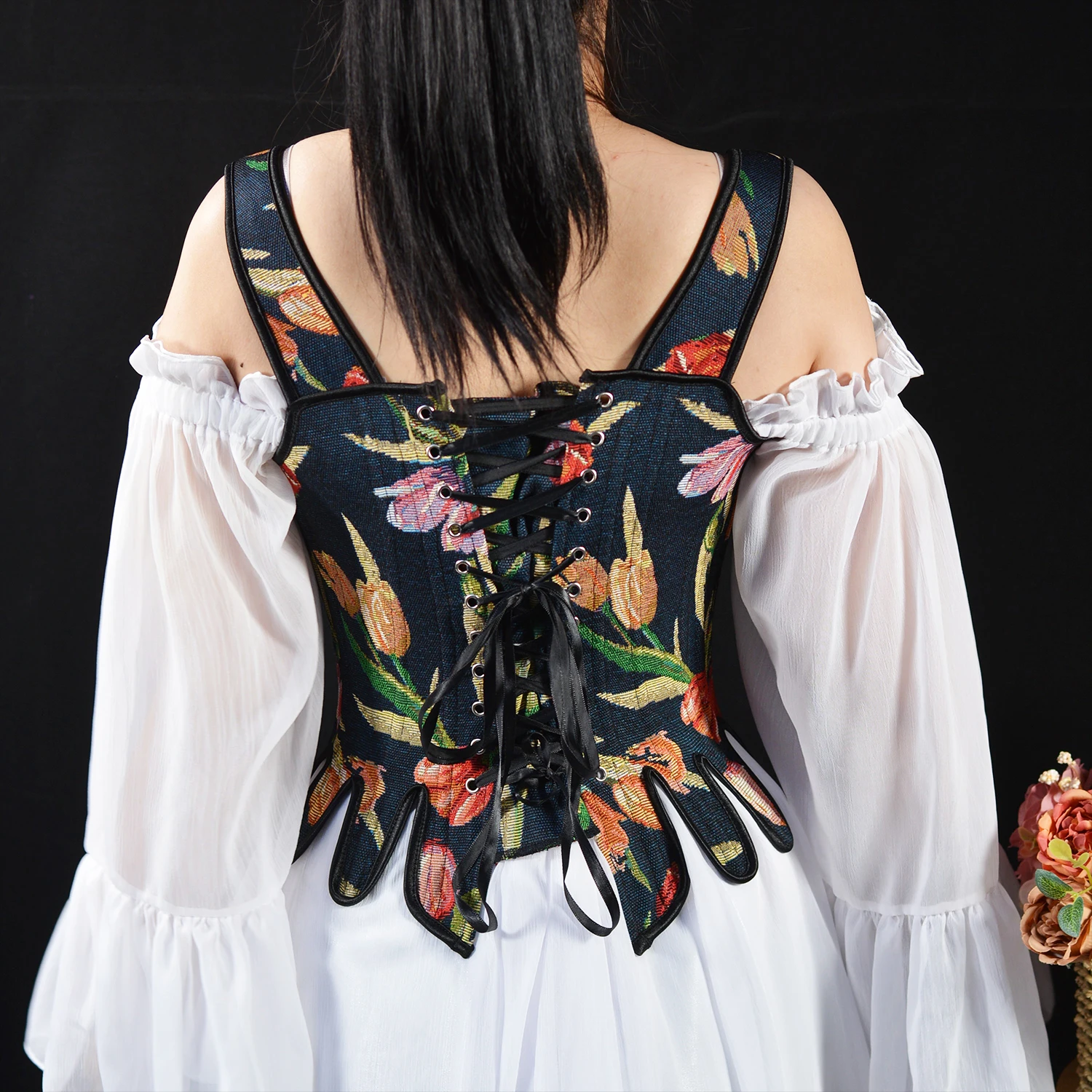 Victorian Vintage Painting Straps Floral Print Lace Up Sexy Corset Crop Top Women Overbust Bustier