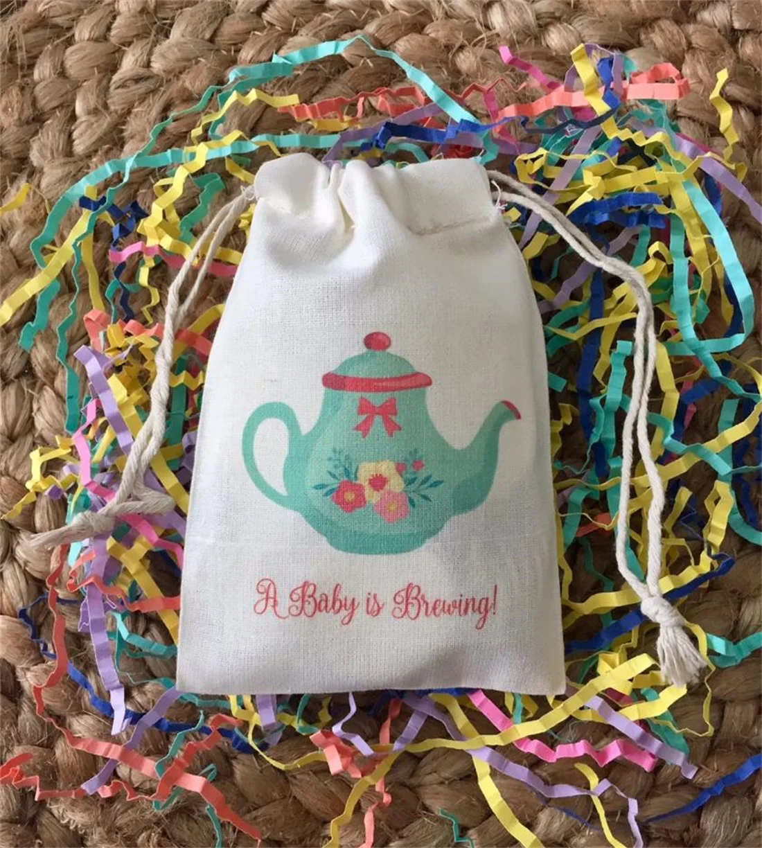 

20pcs Tea Party Theme Baby Shower Favors "A Baby is Brewing" - Turquoise and Red Tea Pot Custom Muslin Cotton Bags