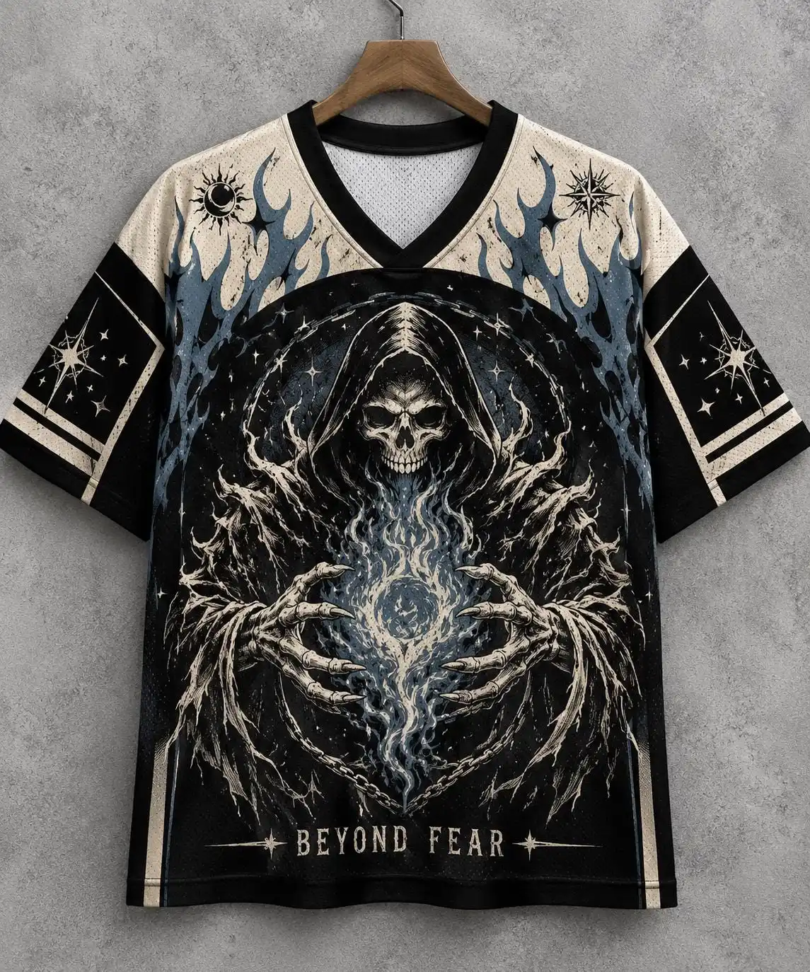 Hotsell Beyond Fear Skeleton Print V-Neck Tshirt for Men Women Dark Flame Chain Retro Graphic Top Punk Casual Daily Wear