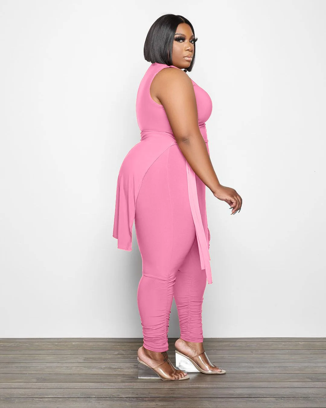 Plus Size Women Sleeveless Irregular Tops &  Pleated Trousers 2 Piece Set Ladies Solid Color Side Slit Tops & Stacked Pant Outfi