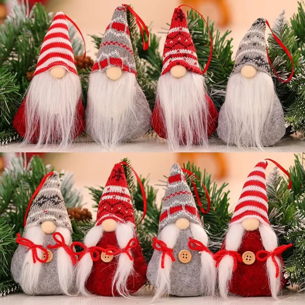 Santa Claus Christmas Gnome Pendant Faceless Plush Christmas Tree Hanging Doll Bow Knitted Tomte Ornaments Christmas Dinner