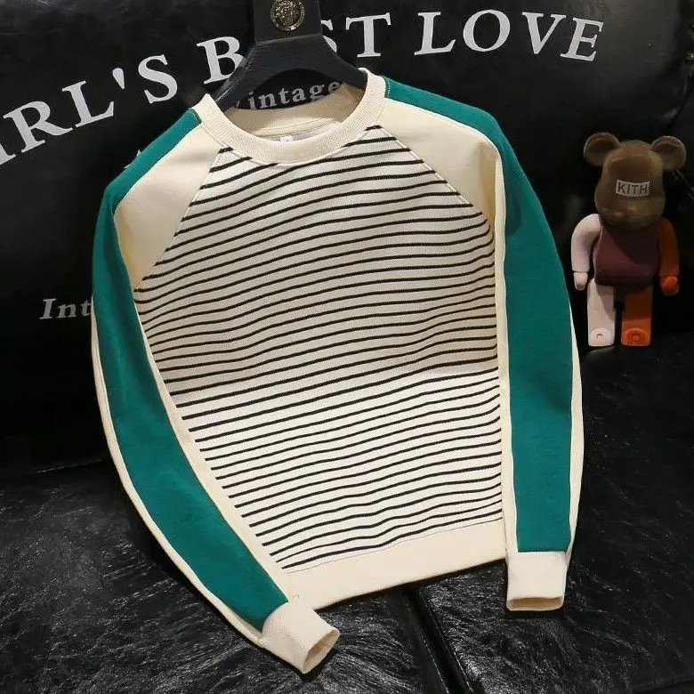 

2025 autumn new handsome striped sweater high-end printing slim men's round neck long sleeve