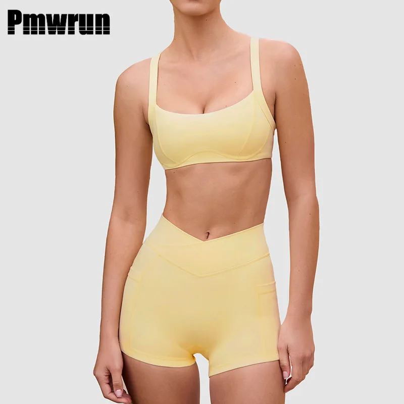 

PMWRUN Women's Yoga 2 Piece Set Naked Feeling Breathable Halter Bra High Elasticity Cross Waist Shorts With Beautiful Back