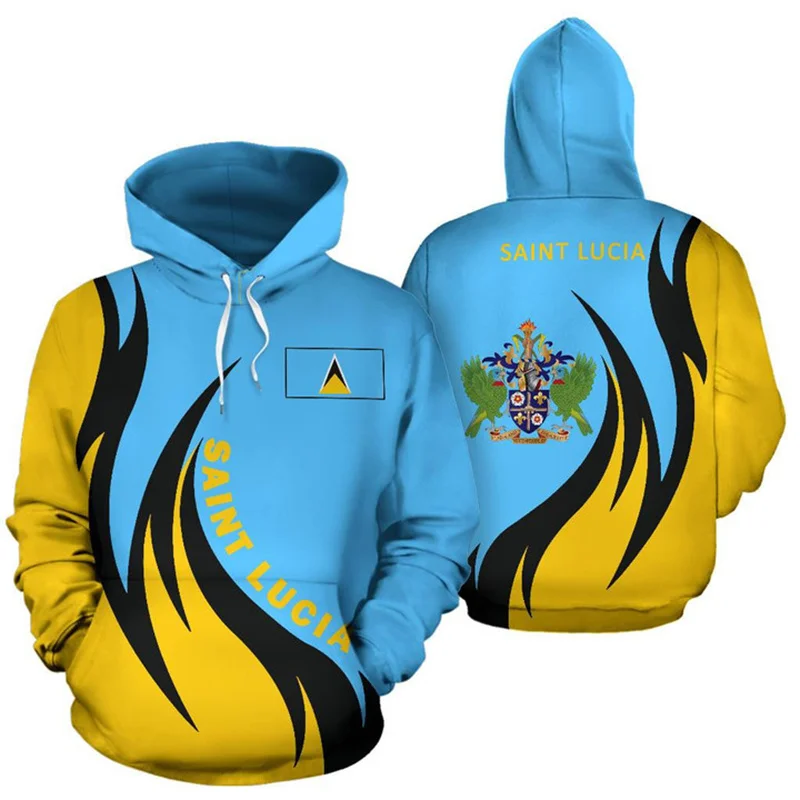 Vintage 3D Saint Lucia National Flag Map Printed Hoodies Saint Lucia Coat Of Arms Graphic Hooded Hoody Fashion Mens Clothing Top