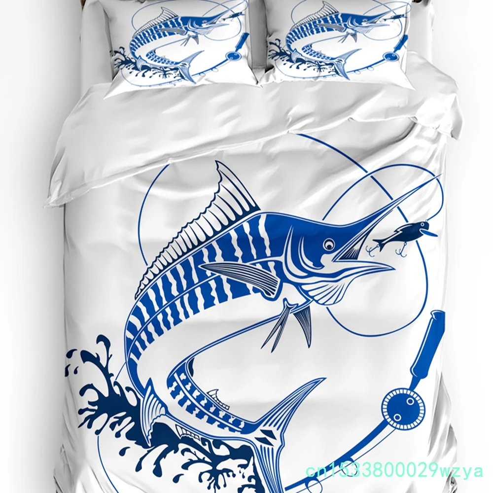 Fishing Bait Blue White Bedding Set 3pcs Boys Girls Duvet Cover Pillowcase Kids Adult Quilt Cover Double Bed Set Home Textile