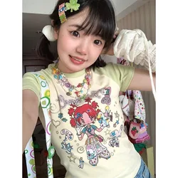 100% Pure Cotton Crop Tops High Quality Elastic Y2K Anime E-girl Grunge T Shirts Japanese Cartoon Cute Raglan Sleeve Summer Tees