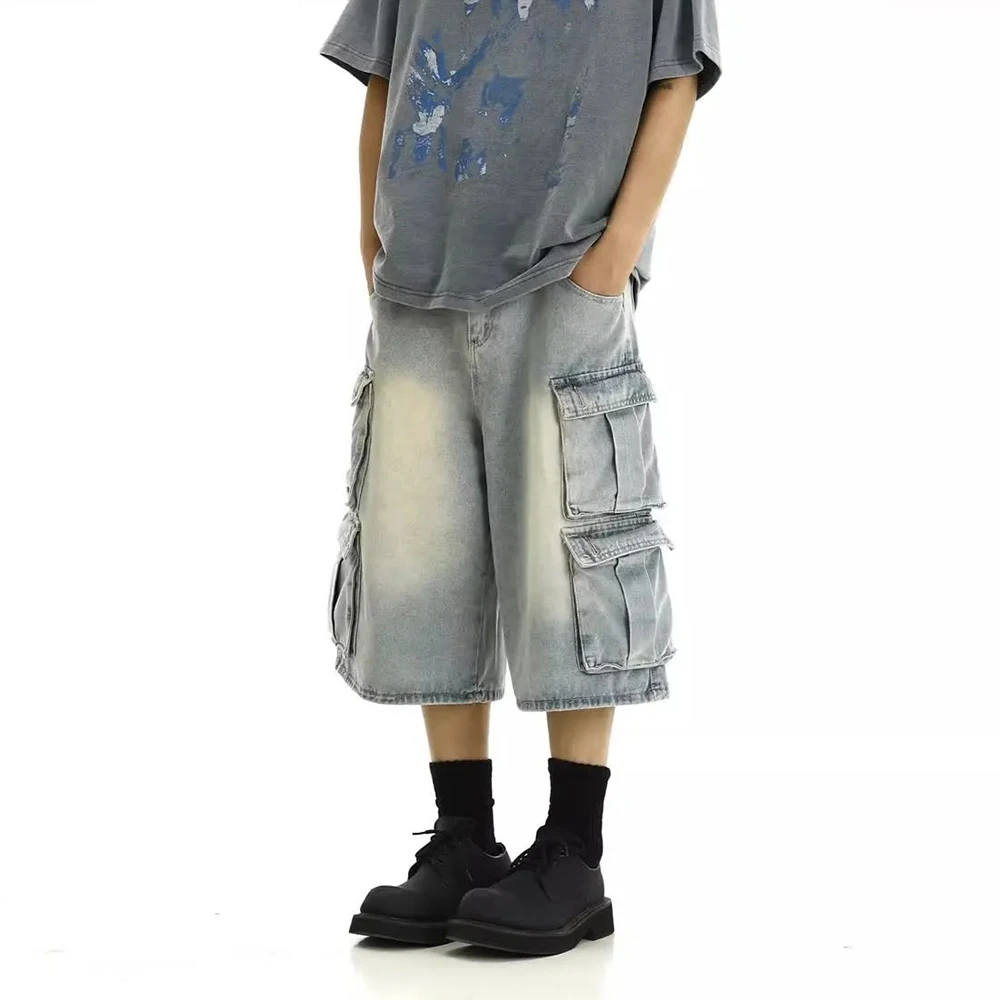 

Summer New Men's Washed Solid Color Workwear Cropped Jeans With Multiple Pockets American Retro Fashion Trend Loose Mens Bottoms