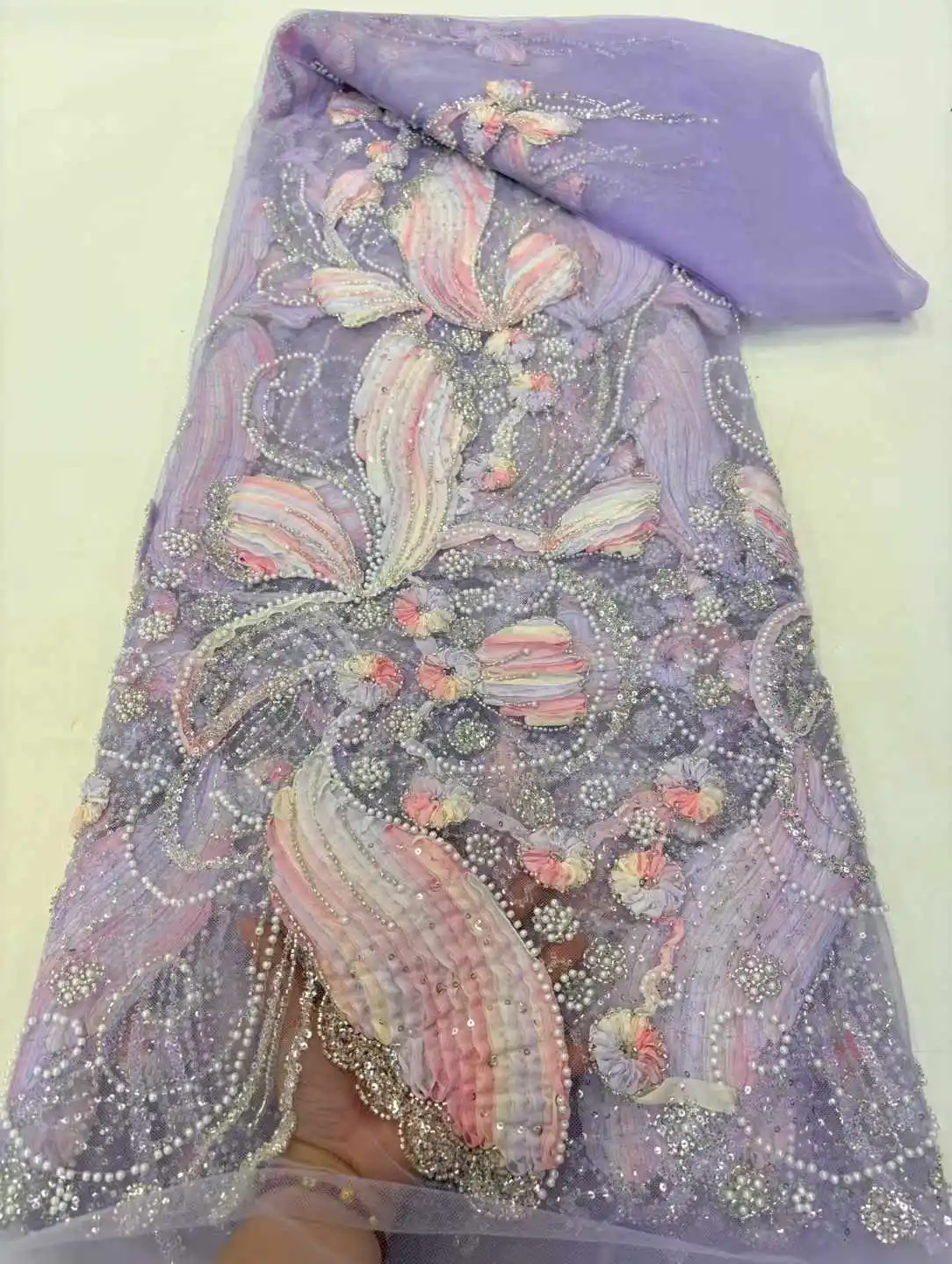 5 ياردة الترتر الأفريقي الخرز الدانتيل النسيج 2025 جودة عالية ثلاثية الأبعاد زهرة الفرنسية شبكة تول التطريز الزفاف الدانتيل المواد