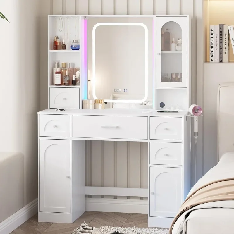 

White Vanity Desk with Mirror and Lights,Makeup Vanity with RGB Lights and Power Strip,Makeup Desk Vanity Table with 5 Drawers