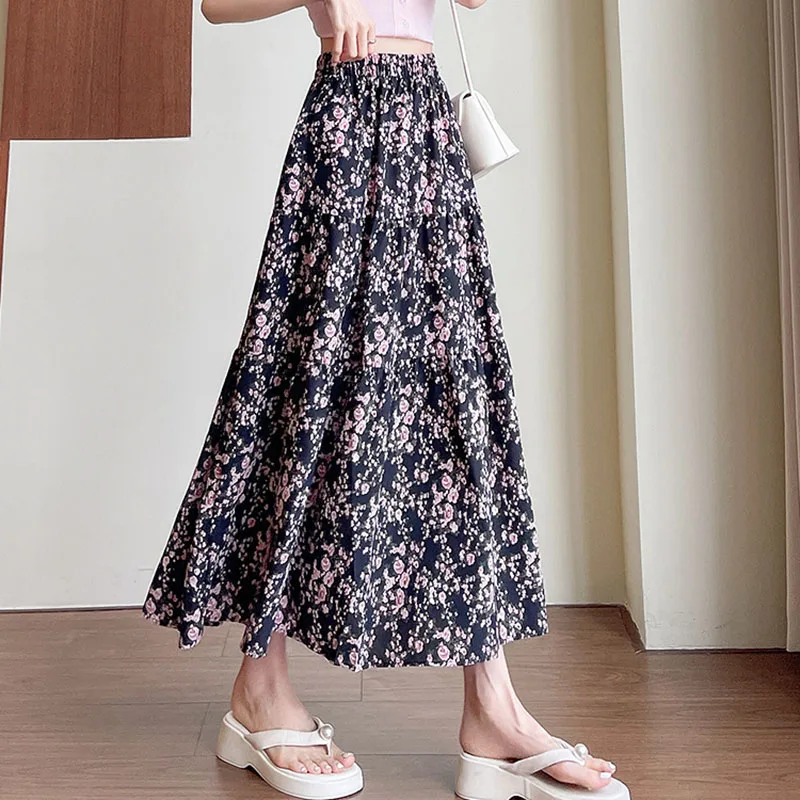 핑크 빈티지 꽃 프린트 롱 스커트 여성 우아한 streetwear 탄성 허리 미디 스커트 여성 여름을위한 다목적 a 라인 스커트