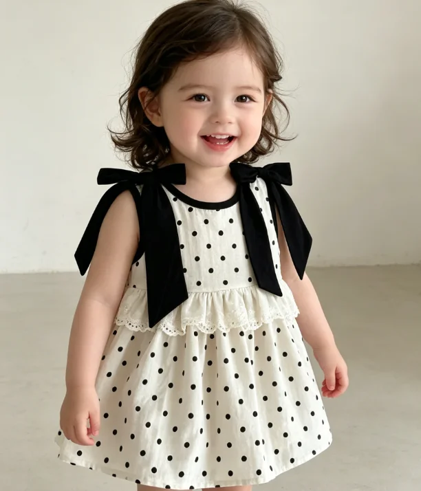 Conjunto Infantil Feminino 2026 Primavera Verão Novo: Roupa de Bebê Menina com Camisa de Boneca de Renda e Laço de Bolinhas e Vestido de Shorts - Conjunto para Irmãs