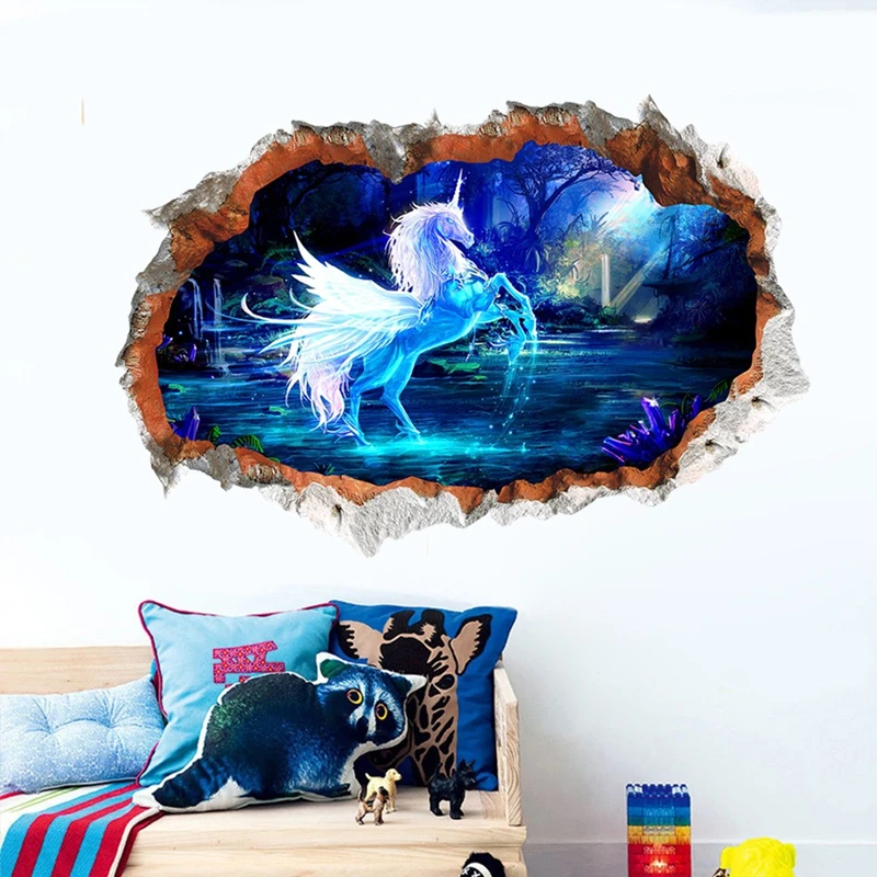 Pegasus Unicorn Wall Hole Art Sunshine Forest Stream Vinyl Mural Stickers Home Decoration for Living Room Kids Bedroom Removable