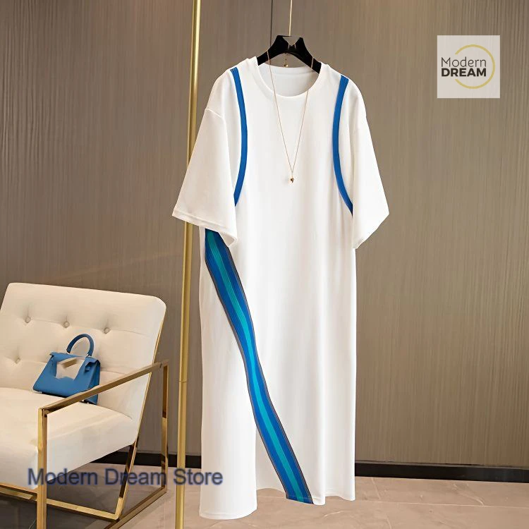 Franse stijl modeontwerp gevoel stiksels contrast splitjurk dames zomer nieuwe plus size losse T-shirtjurk met korte mouwen