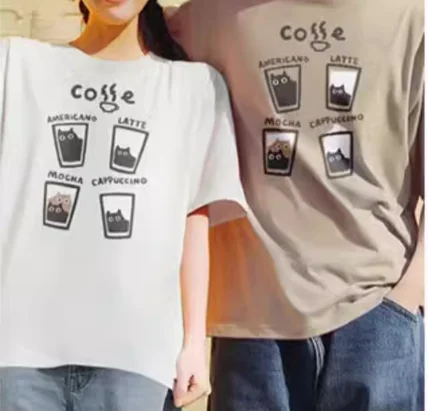 Café De Chat, T-Shirt À Manches Courtes De Café Au Lait Floqué Pour Hommes, Original D' À Épaules Dénudées, Rue Décontractée