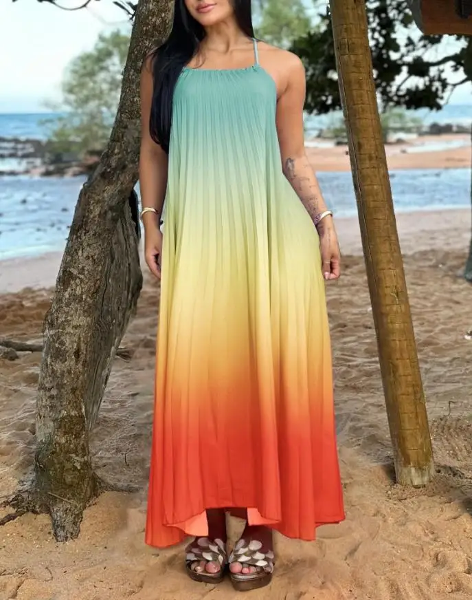 

Womens Dresses 2025 Spring Fashion Ombre Print Halter Sleeveless Maxi Dress Casual Hollow-Out Pleated Vacation Long Dress