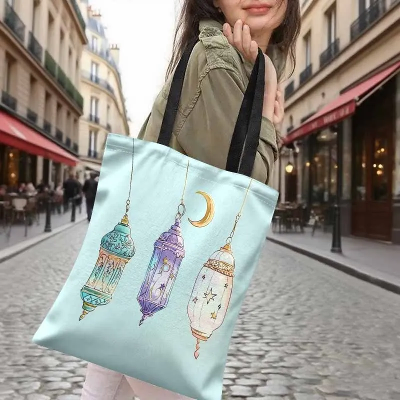 

1pc Turquoise Blue & Golden Lantern Tote Bag - Reusable Women's Lightweight Shoulder Bag with Lantern Design