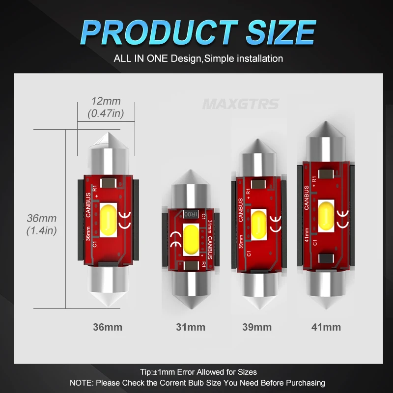 2x C5W LED Bulb CANBUS Festoon 31mm 36mm 39mm 41mm C10W Car Interior Light License Plate Reading Lamp 7035 SMD 6000K White 12V