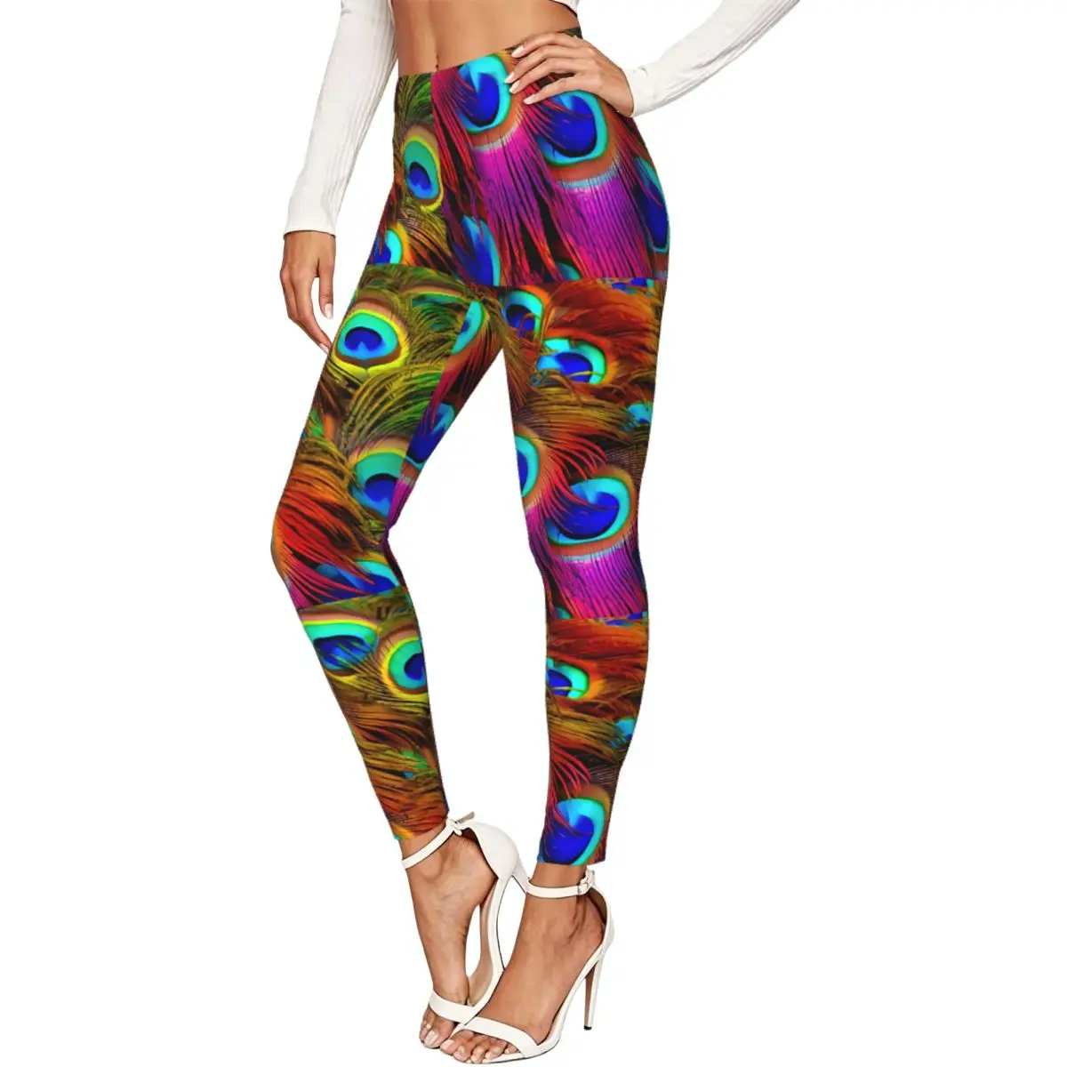 Women Full Length Elastic Leggings High Waist Tight Pants Colorful Peacock-feathers Textures Casual Bottoms