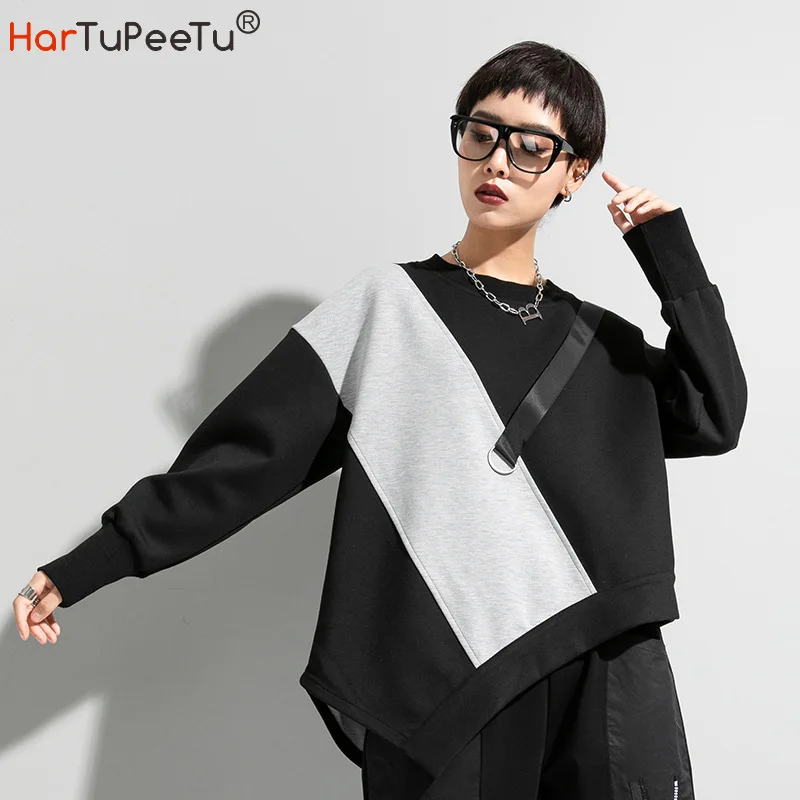 Thick Sweatshirts Cotton Women Autumn Winter 2022 Pullover Loose Long Sleeve Irregular Colours Block Tops Streetwear