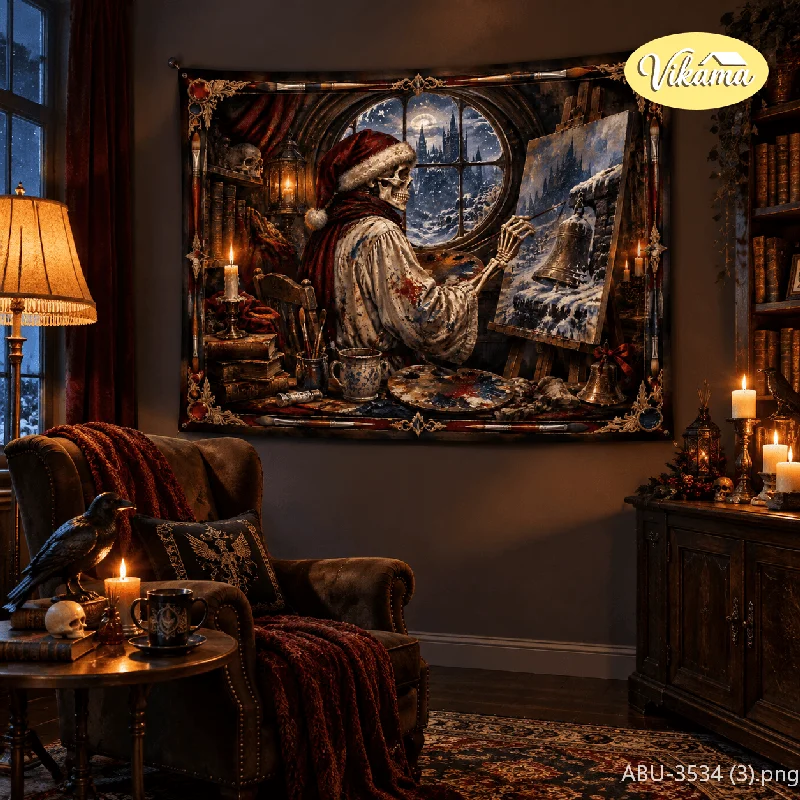VIKAMA Skeleton Organ Player Cathedral Wall Tapestry Candle Gothic Victorian Dark Purple Home Decor Indoor Art Soft Durable Cozy