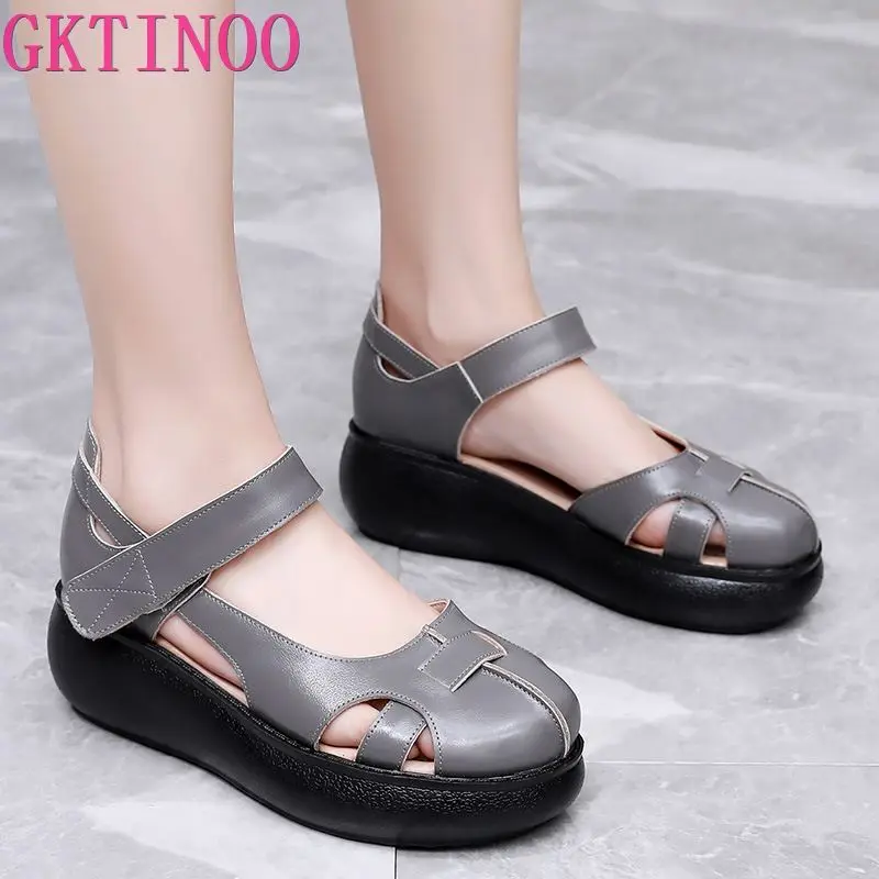 GKTINOO High Quality Platform Sandals Women 2024 Genuine Leather Non Slip Wedges Sandals Summer Round Toe Female Shoes Handmade