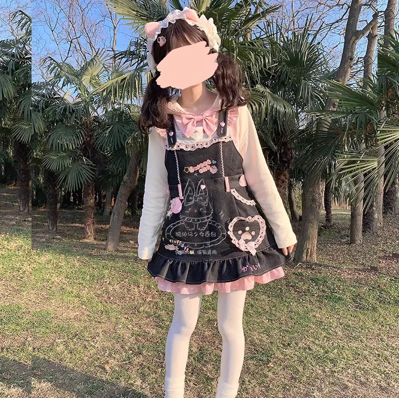 

Japanese Style Girly Embroidered Denim Overalls Dress Kawaii Hoodie New Spring Summer Daughters Sweet Cartoon Jeans Dress Set