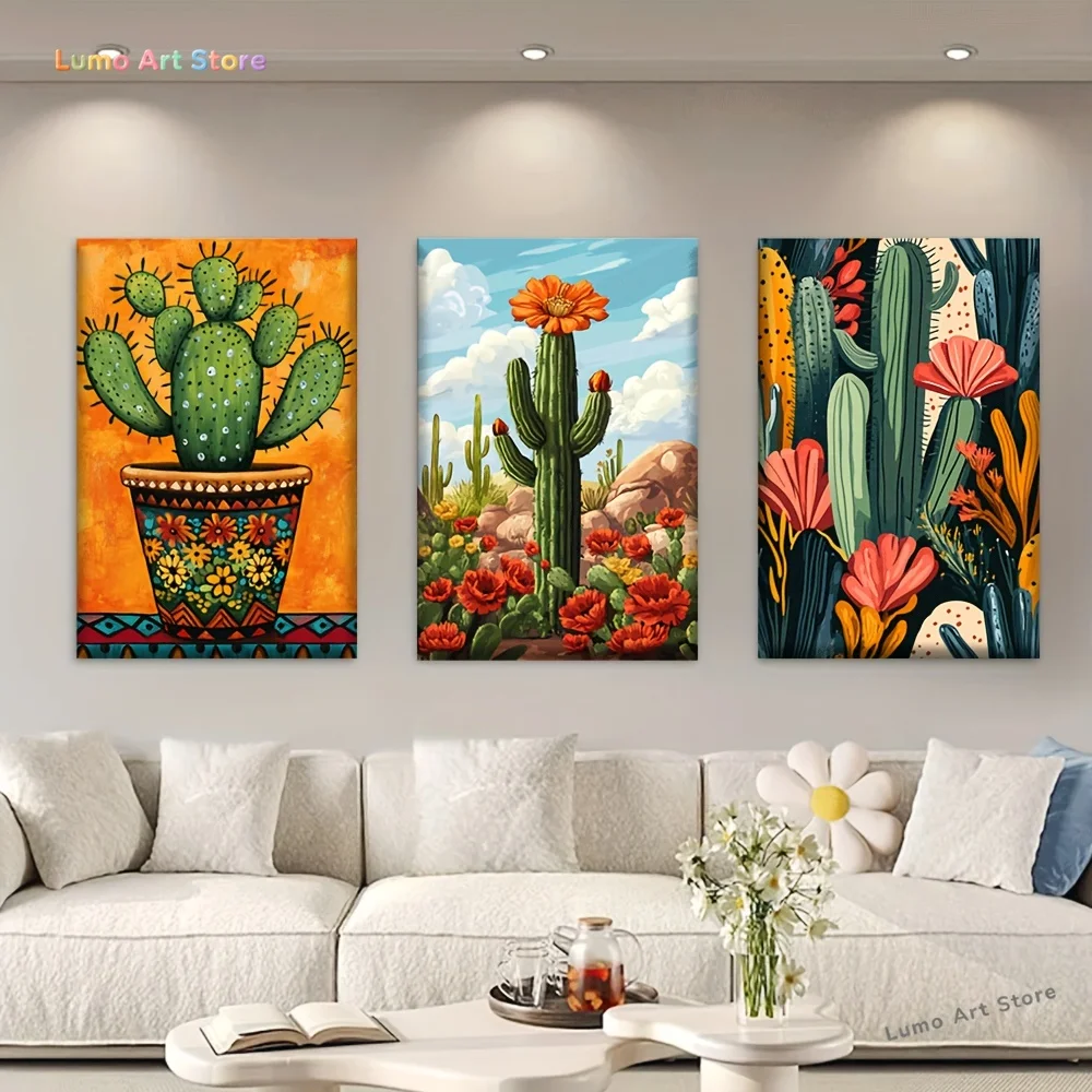 2D Flat, Set of Three, Unframed Canvas Artwork Featuring a Cactus in a Desert Scene, Inspired by Mexican Design. Ide
