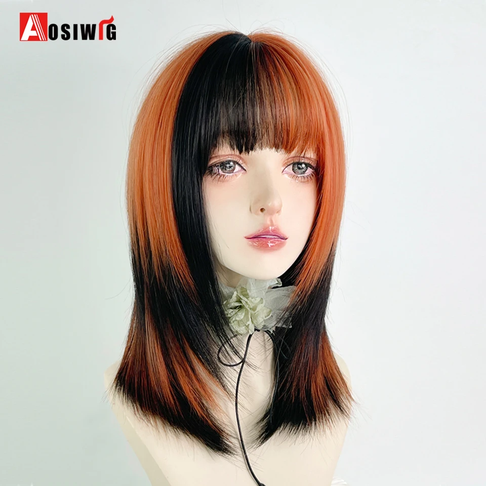 Synthetic Short Straight Hair Black dirty orange bangs highlight dyed Wigs Lolita Cosplay Hair Wig For Women Y2K daily color pun