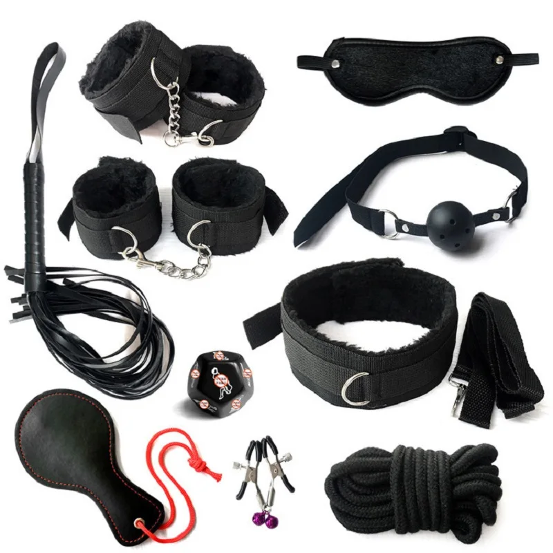 10PC BDSM Bed Restraints Sex Toy Kits Handcuffs 18+ Adult Sex Game Sexy Suit Nipple Clipper Mouth Gag Whip Sex Feather Soft SM 