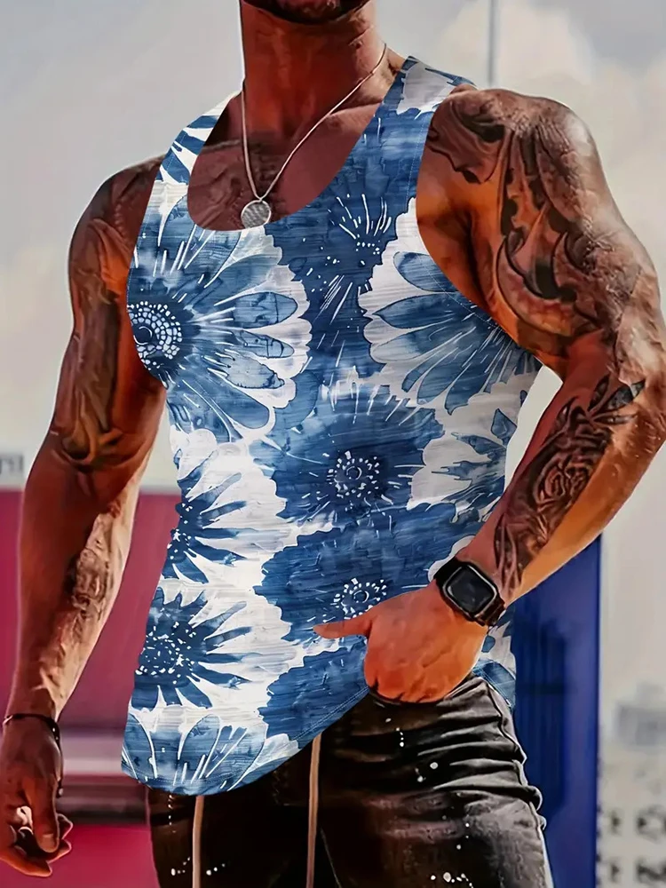 Fashion Pattern Print Sleeveless Camisoles Mens Summer New Casual Sleeveless Slim Fit Tank Tops For Men Leisure Crew Neck Vest