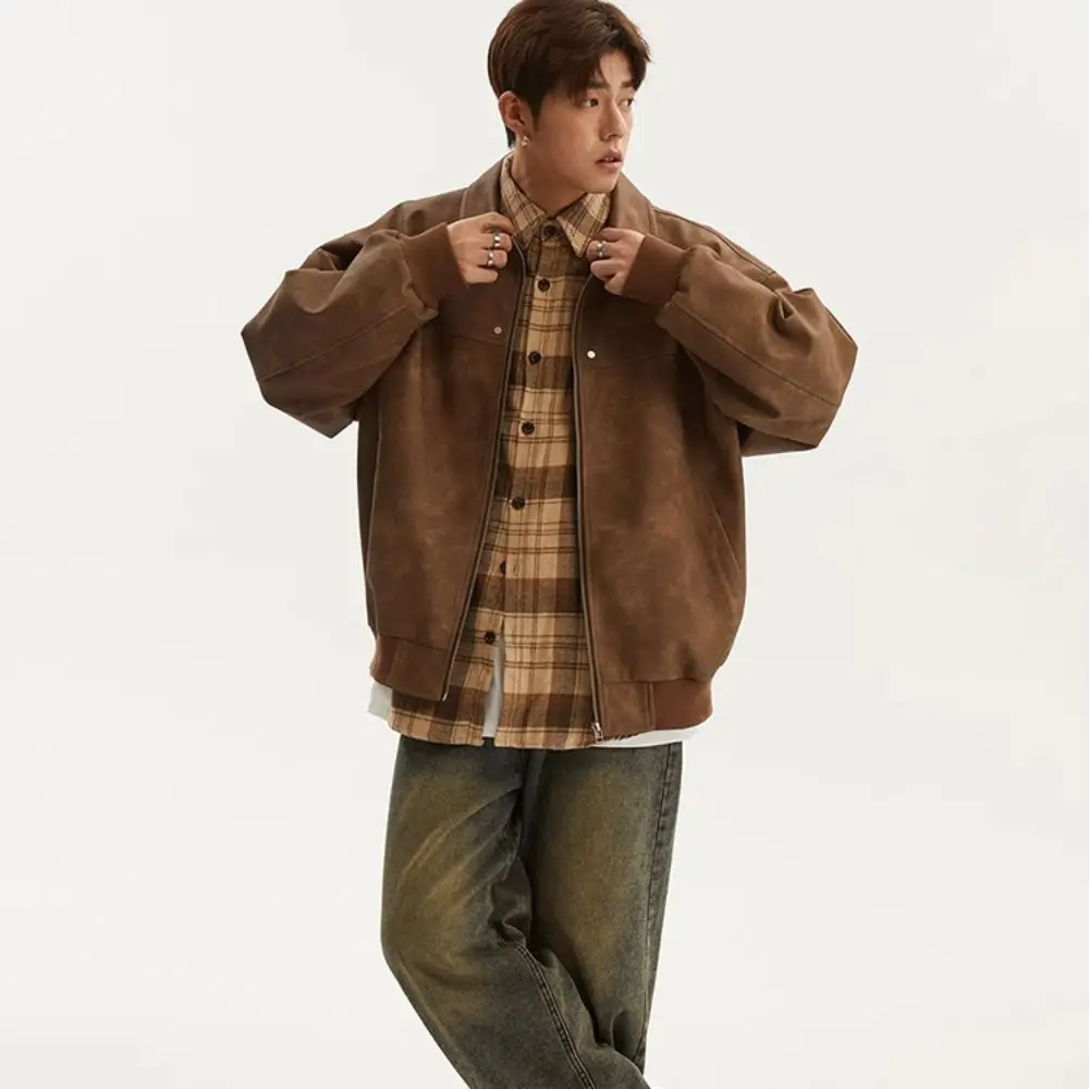 

Fashion Loose Fit Men Jackets Solid Color Thick Turn Down Collar Jacket Windproof Long Sleeves Zipper Coat Spring Season