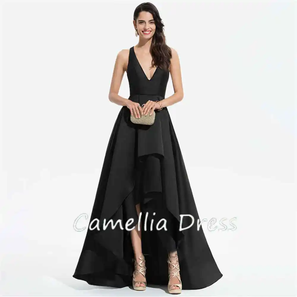 Simple A-line Evening Dresses V Neck Sleeveless Prom Dresses Asymmetrical Satin Formal Dresses Vestidos De Fiesta فساتين السهرة