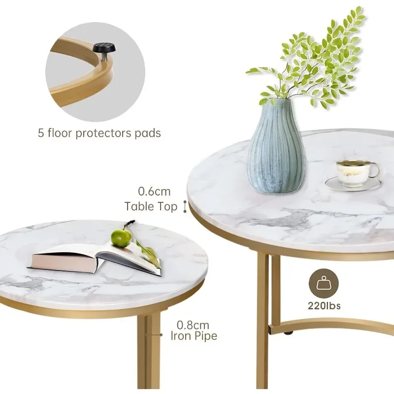 Coffee Table Nesting White Set of 2 Side Set Golden Frame Circular Round and Marble Pattern Wooden Tables